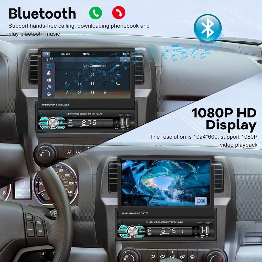 7″ Single 1 DIN Car Radio Stereo Apple Carplay Bluetooth Flip Out Screen USB AUX