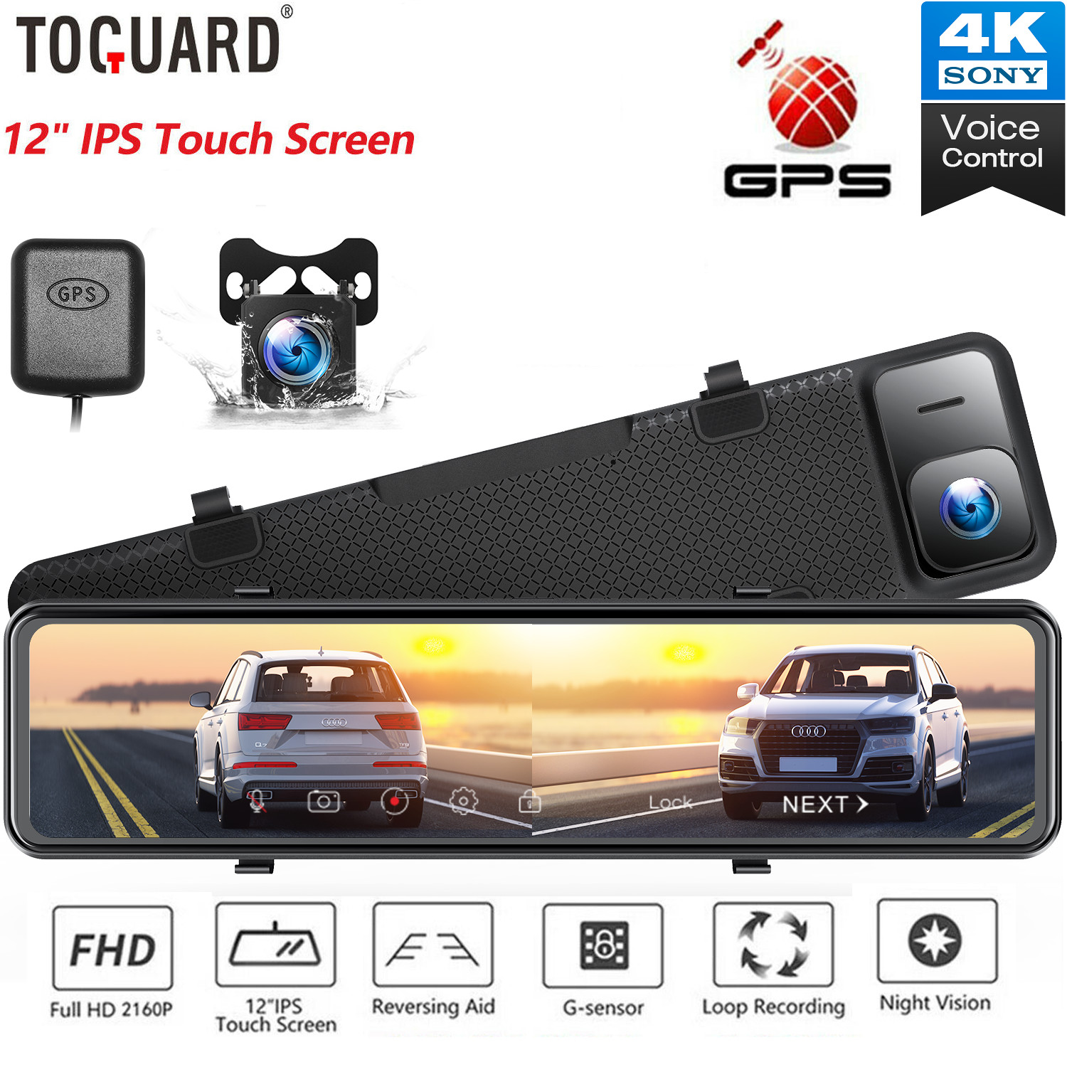 TOGUARD GPS 4K 12″ Mirror Dual Dash Cam Front and Rear Car DVR Camera Recorder