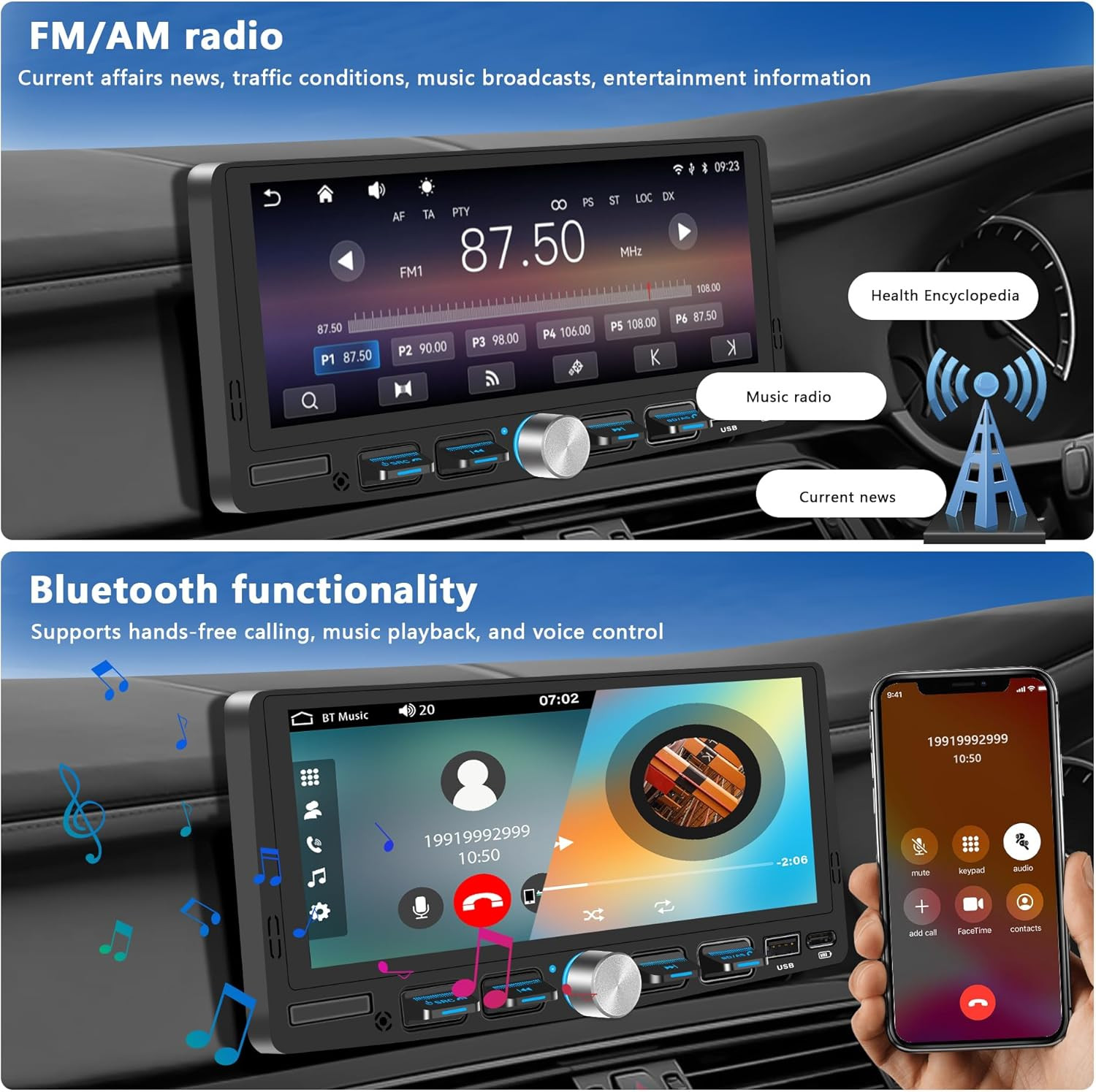 Single Din Touchscreen Radio with Wireless Apple Carplay & Android Auto, 6.9″ IP