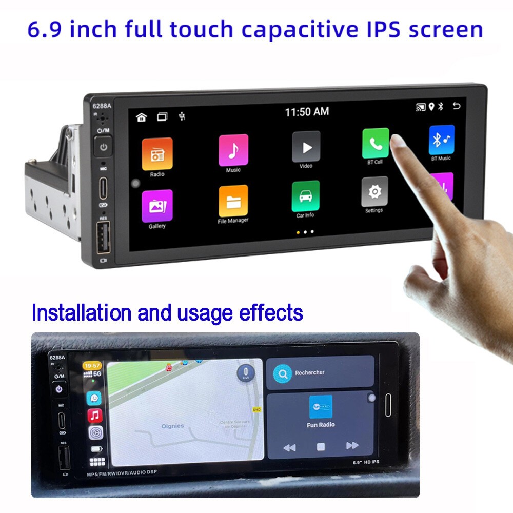 Single Din Android Carplay 6.9″ Bluetooth GPS Touch Screen Car Stereo Radio FM