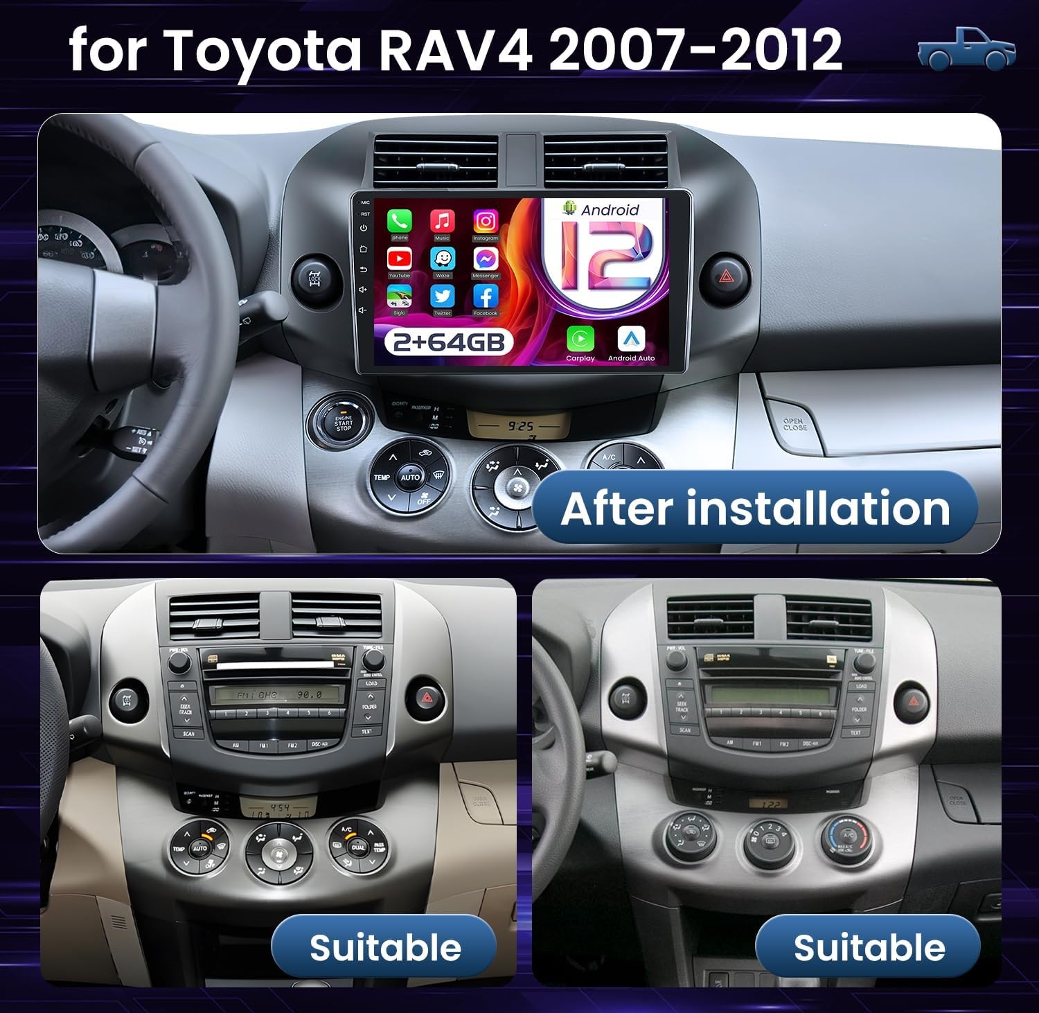 For Toyota RAV4 2007-2012 Carplay Mirror Link Apple Car GPS Radio Stereo JBL FM
