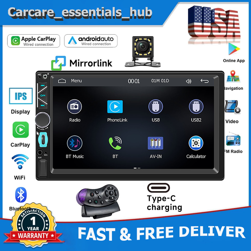 Double Din 7″ Touch Screen Stereo Bluetooth Radio Car Apple/Android Carplay GPS