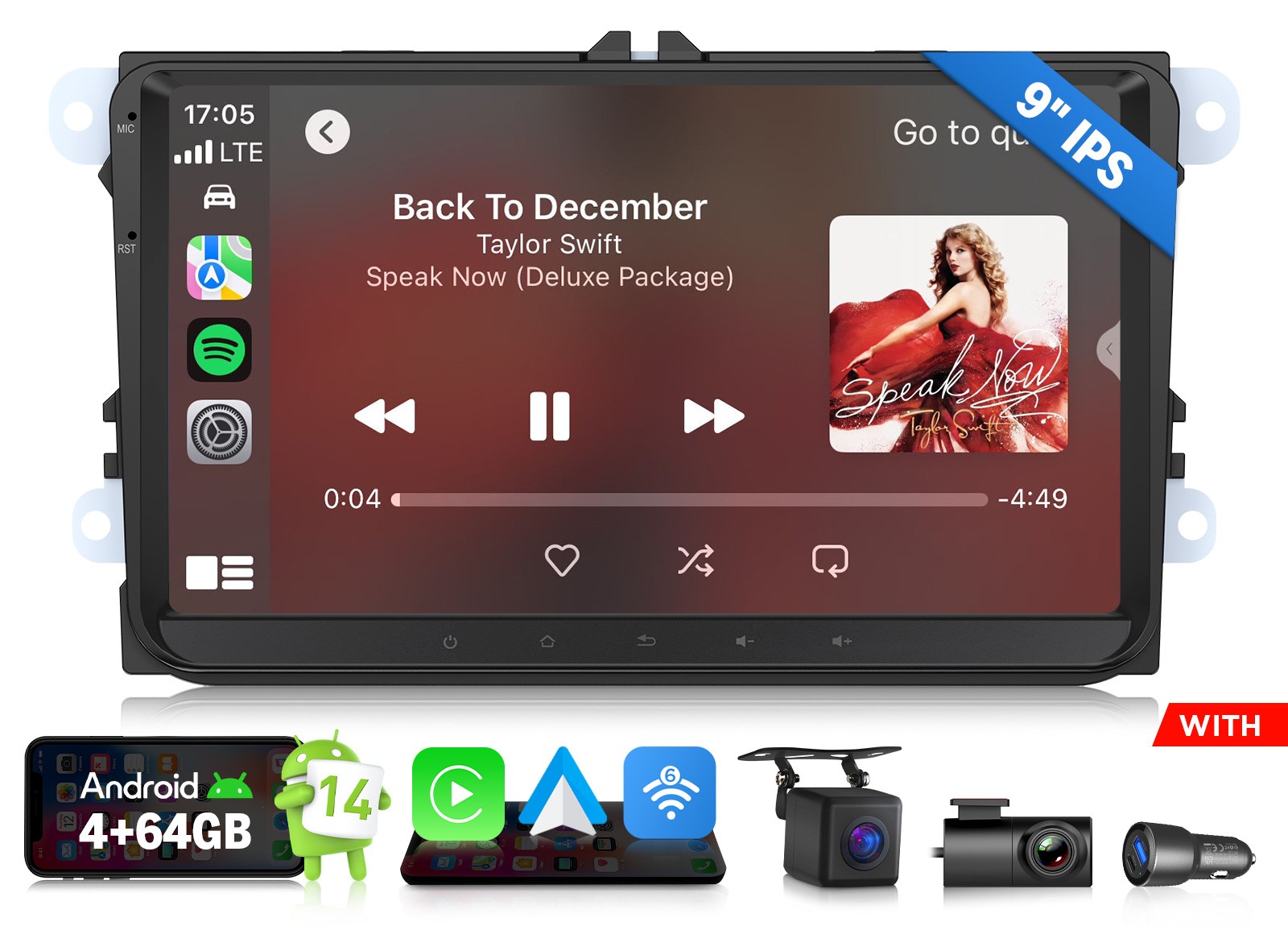 9″ Android 14 Car Stereo for VW Golf 08-13 Wireless CarPlay GPS Head Unit 4+64GB