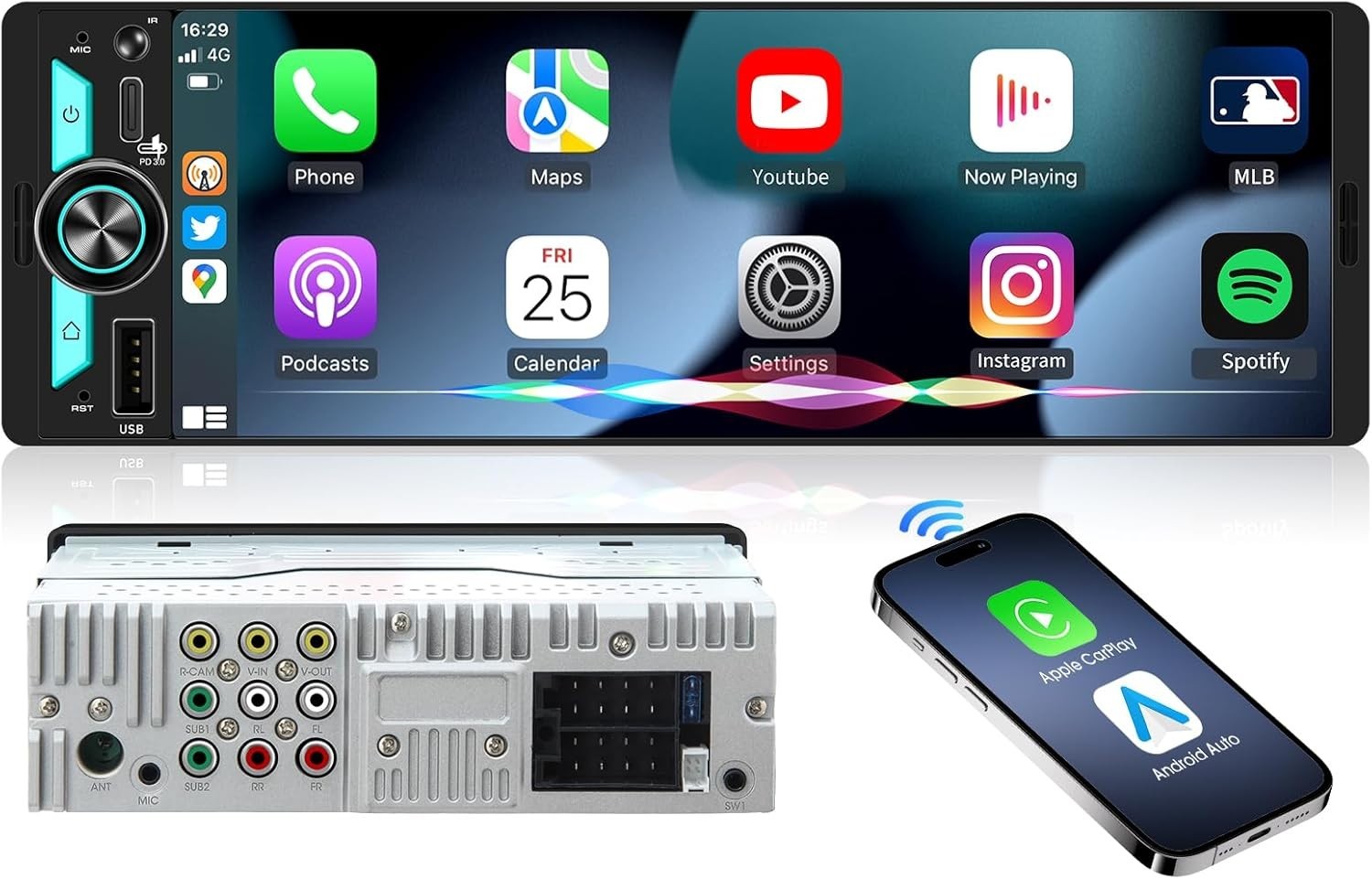 Wireless Single Din CarPlay Stereo: 6.5 Inch Wireless Android Auto Touchscree…