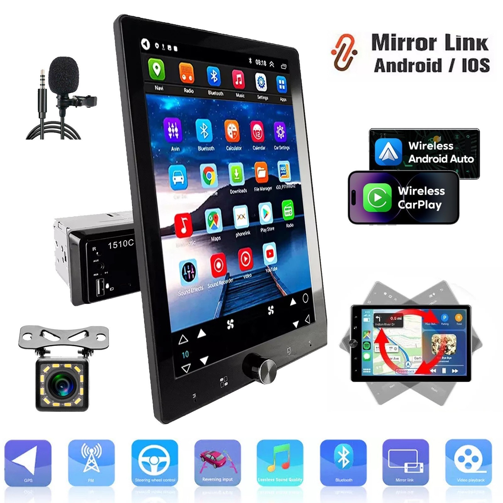 Single 1Din 10″ TouchScreen Car Stereo Radio Apple/Android Carplay Head Unit CAM