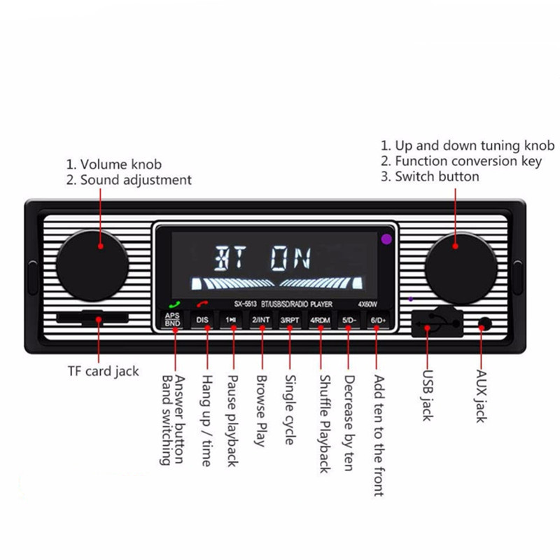 Car 1Din MP3 Player Bluetooth Microphone Hands-free Calls FM Stereo Radio USB/SD