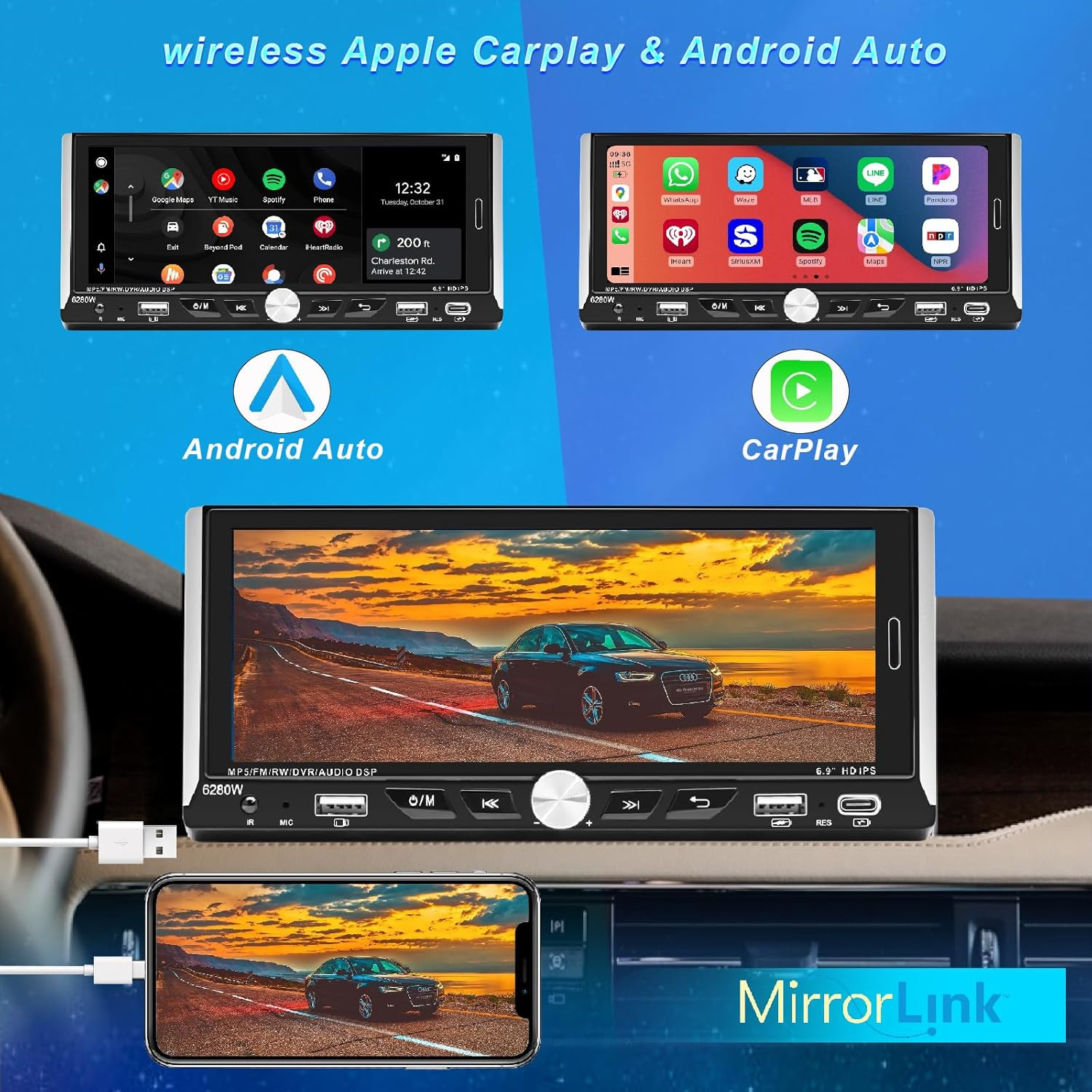 Radio de coche de un solo DIN compatible con Apple Carplay inalámbrico,