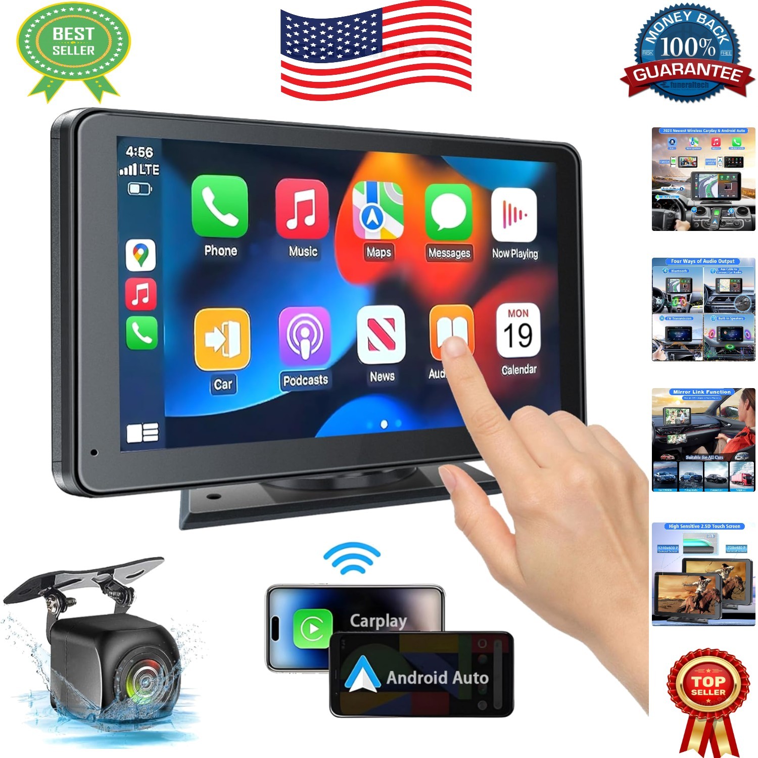 Portable Car Play Screen: 7″ HD Wireless Touchscreen with Bluetooth 5.2