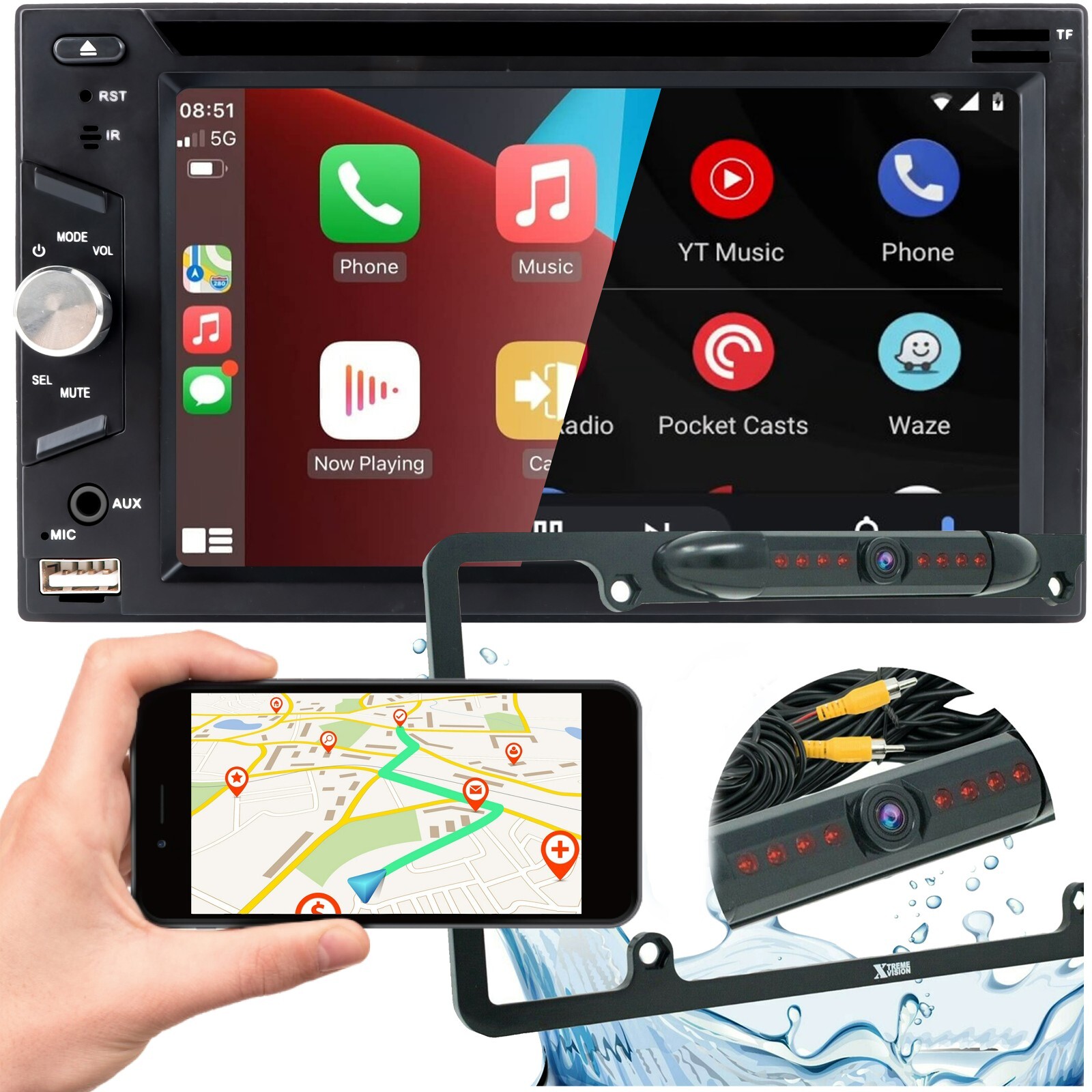 DVD Car Stereo Receiver Work w/ Bluetooth, Apple CarPlay, Android Auto, CAM PK4