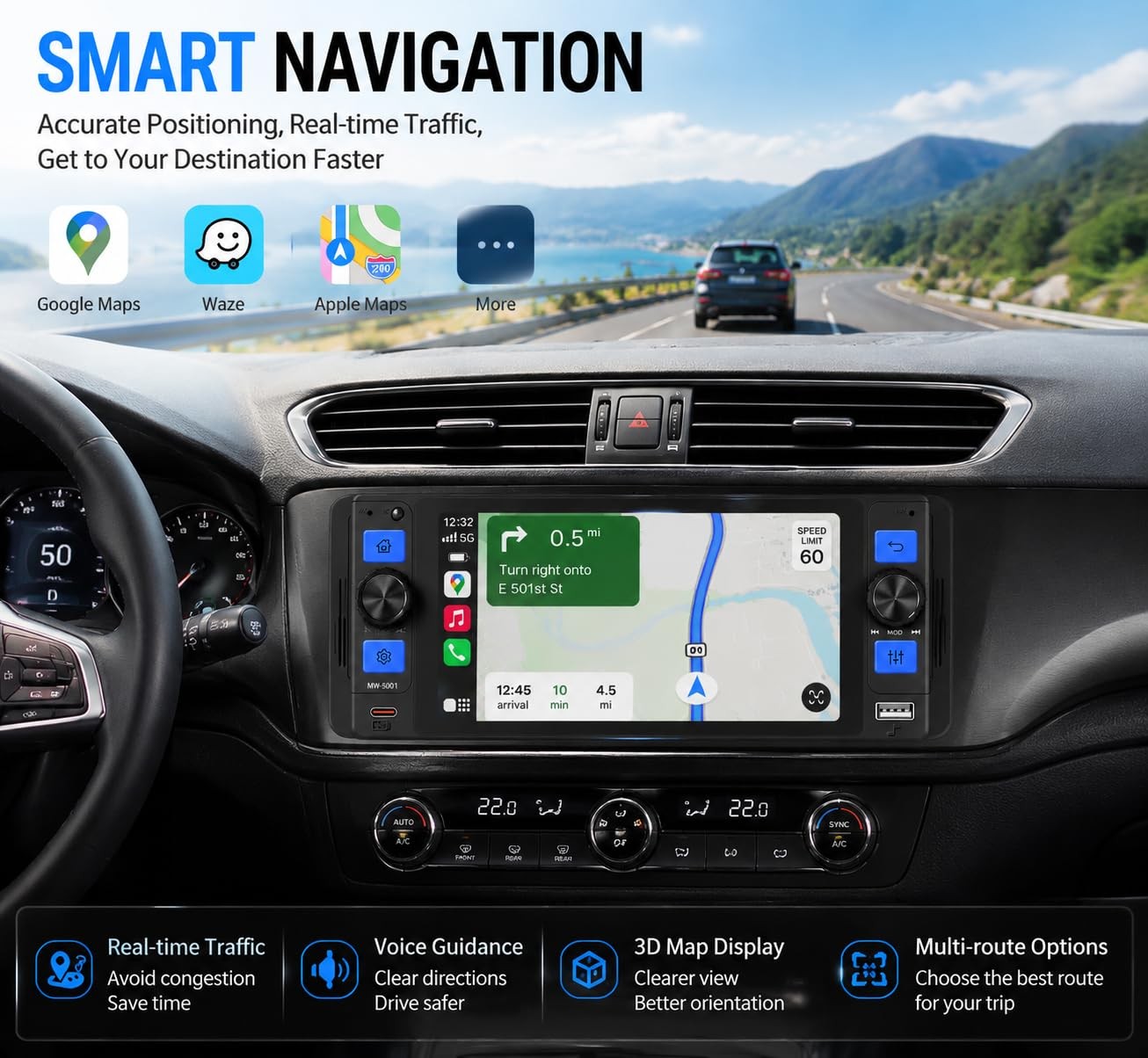 Single Din Car Stereo with Wireless Apple CarPlay, 5″ Touchscreen Car Radio |…