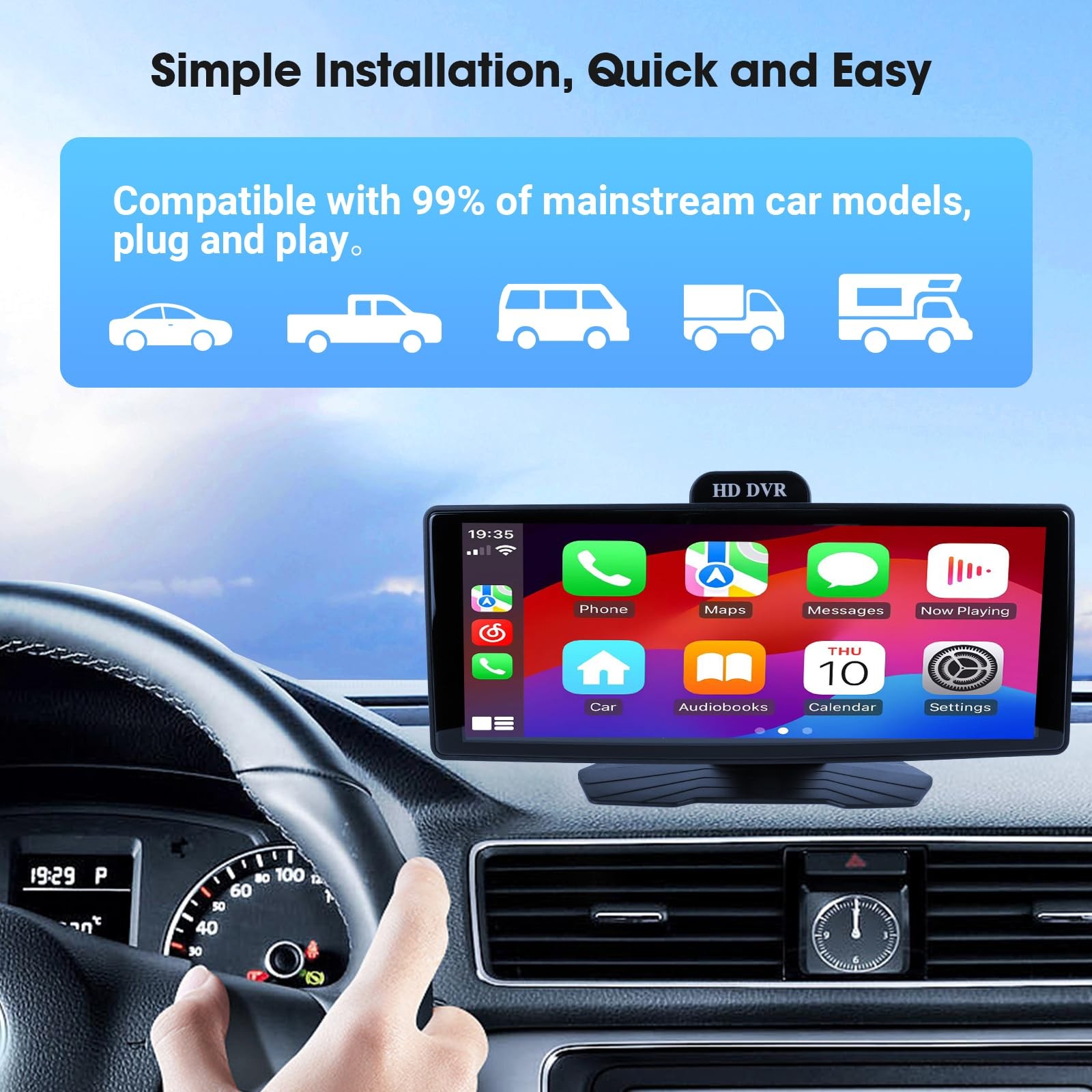 Haudio 9.3” Portable Wireless CarPlay Touch Screen, Plug & 9.26inch, BLACK