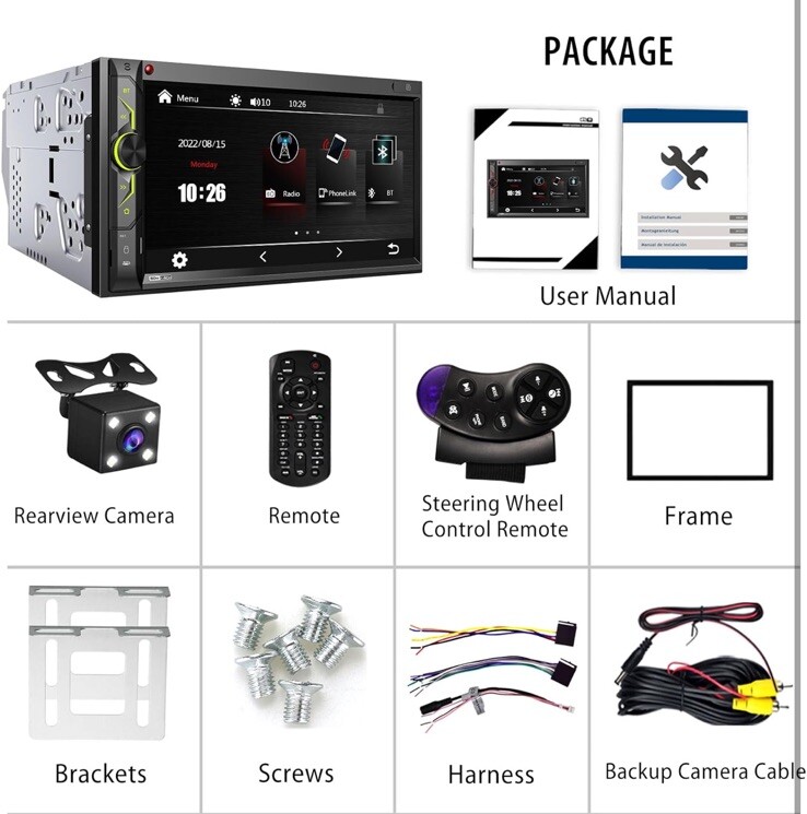 Double Din Car Stereo With Bluetooth: 7 In HD Car Multimedia Receiver Mp5 Player
