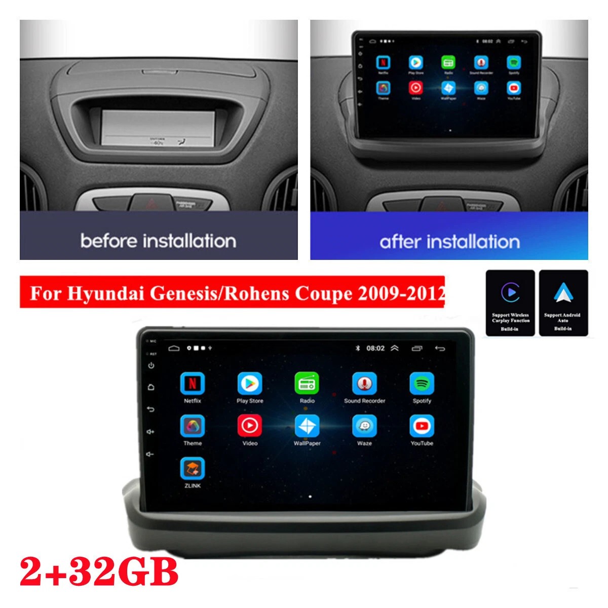 9″ BT Carplay GPS Navi Car Radio Stereo Screen For 2009-12 Hyundai Genesis Coupe