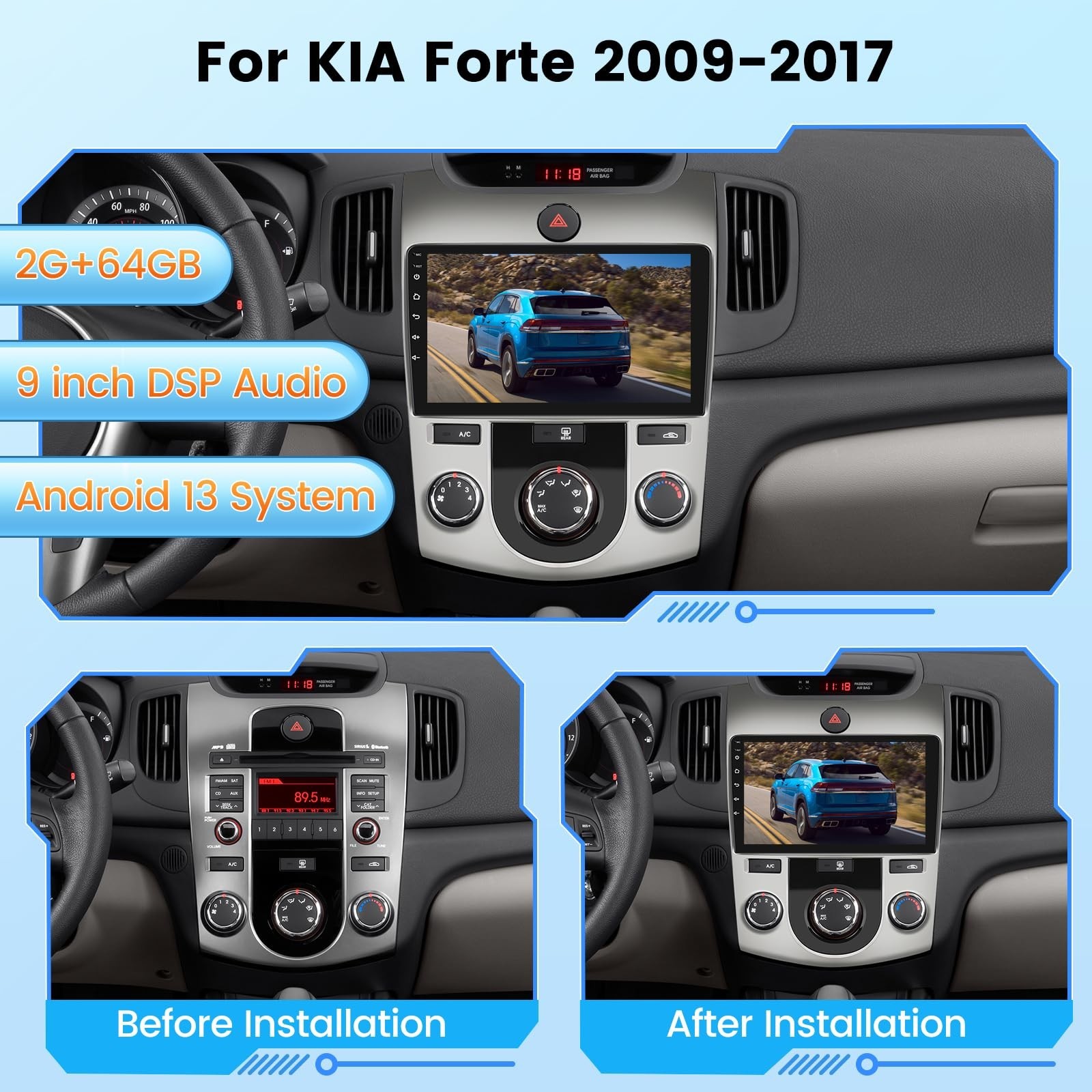 [2+64G] for KIA Forte 2009-2017 (Manual A/C) Android Radio, 9 inch Touchscree…