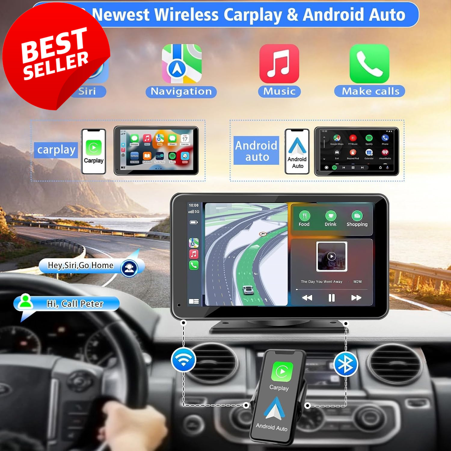 7″ Wireless CarPlay Android Auto Screen Bluetooth 5.2 Backup Camera FM AUX – US
