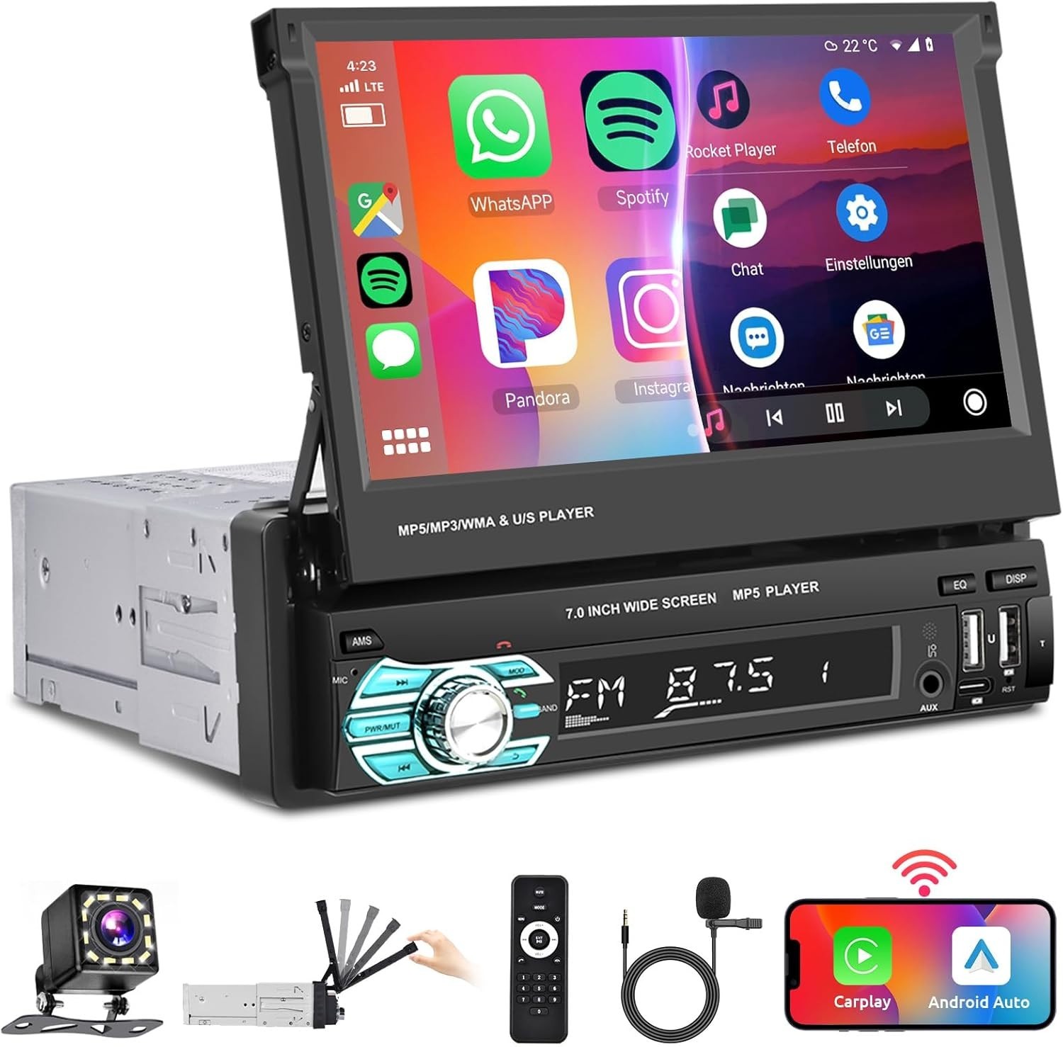 Wireless Carplay Single Din Car Stereo 7 Inch HD Flip Out Touchscreen Car Rad…