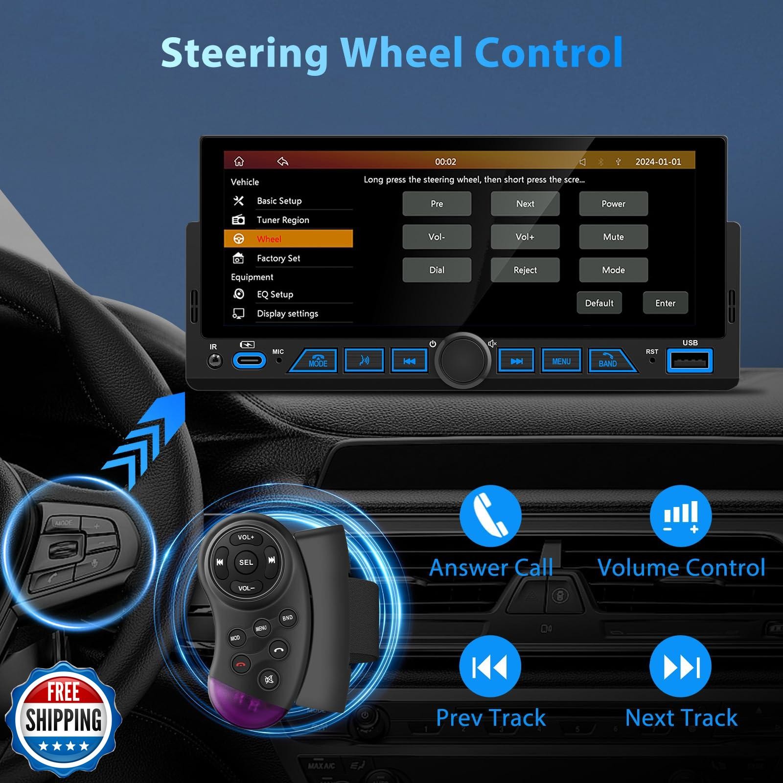 6.86″ Wireless Single Din Touchscreen Radio Apple Carplay Android Auto, Singl