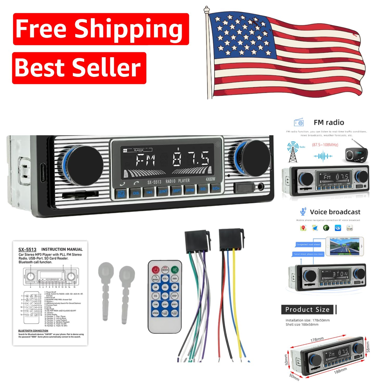 7-Inch Bluetooth Car Stereo with Hands-Free Calling & Easy Installation