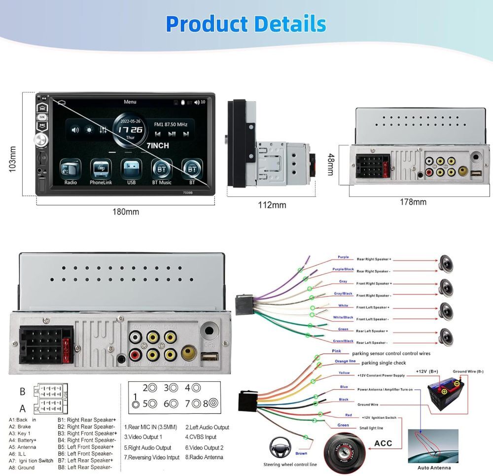 Single 1 DIN 7″ Car Stereo Radio Touch Screen Apple CarPlay Android Auto FM BT