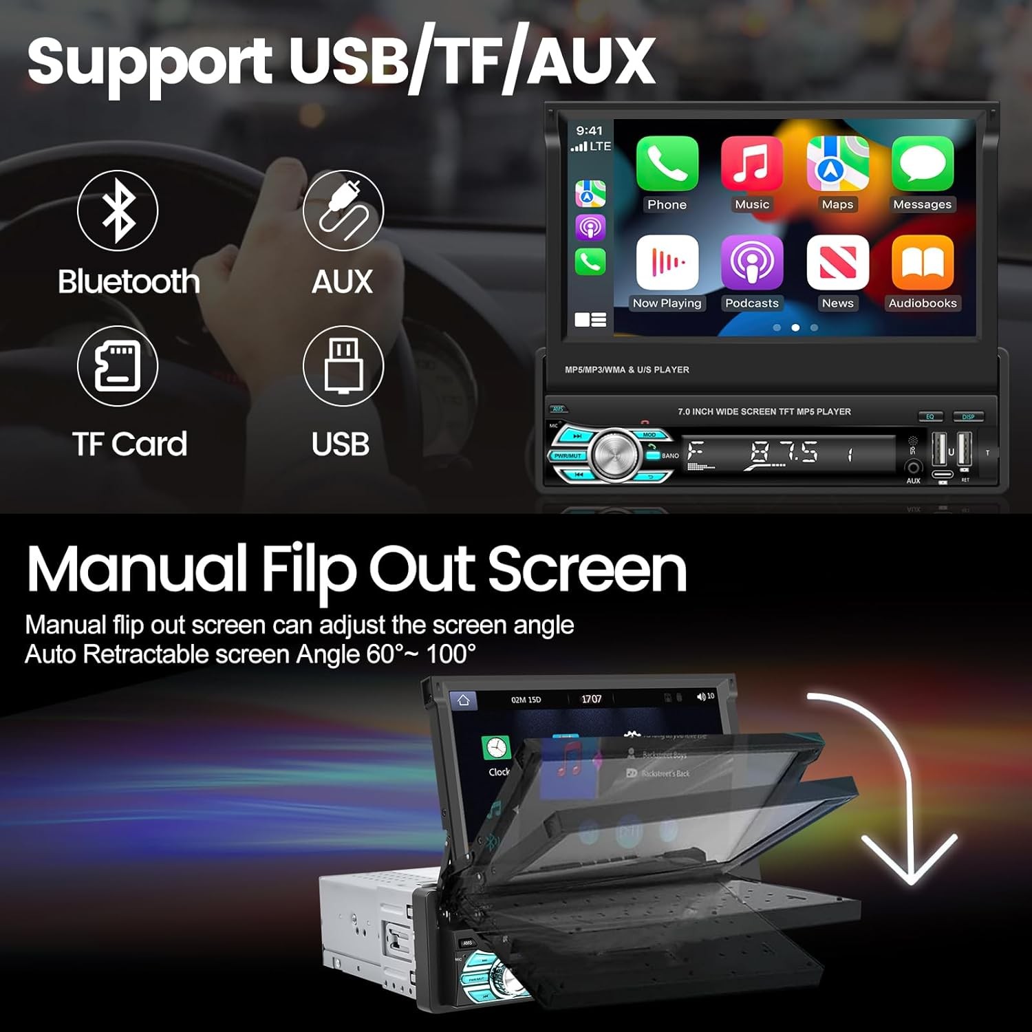 Single 1DIN Car Radio Stereo Touch Screen BT Flip out MP5 Player Carplay +Camera