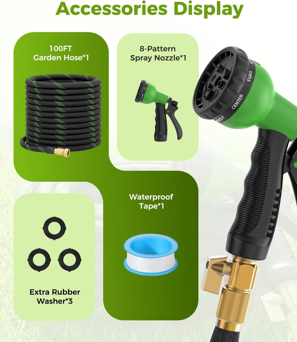 100ft Garden Hose, Non-Expandable Water Hose with 8 Function Spray Nozzle, Light