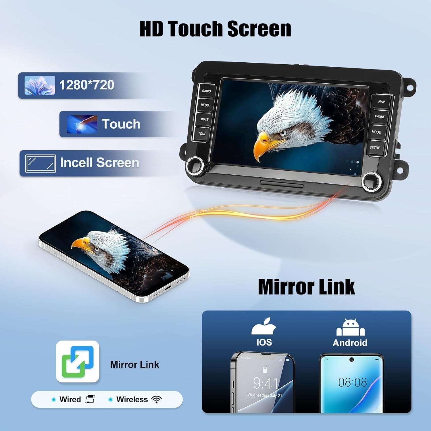 VW Passat Jetta Golf 7 Inch Car Stereo with GPS, Bluetooth & Hands-Free Calling