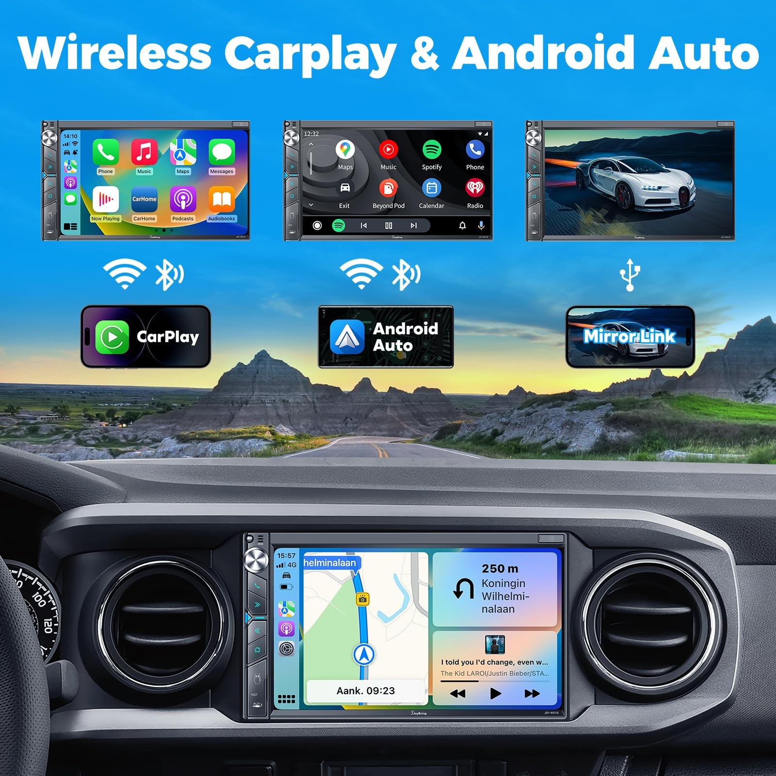 SJoyBring Double Din Car Stereo with Dash Cam, Wireless Apple CarPlay & Andro…
