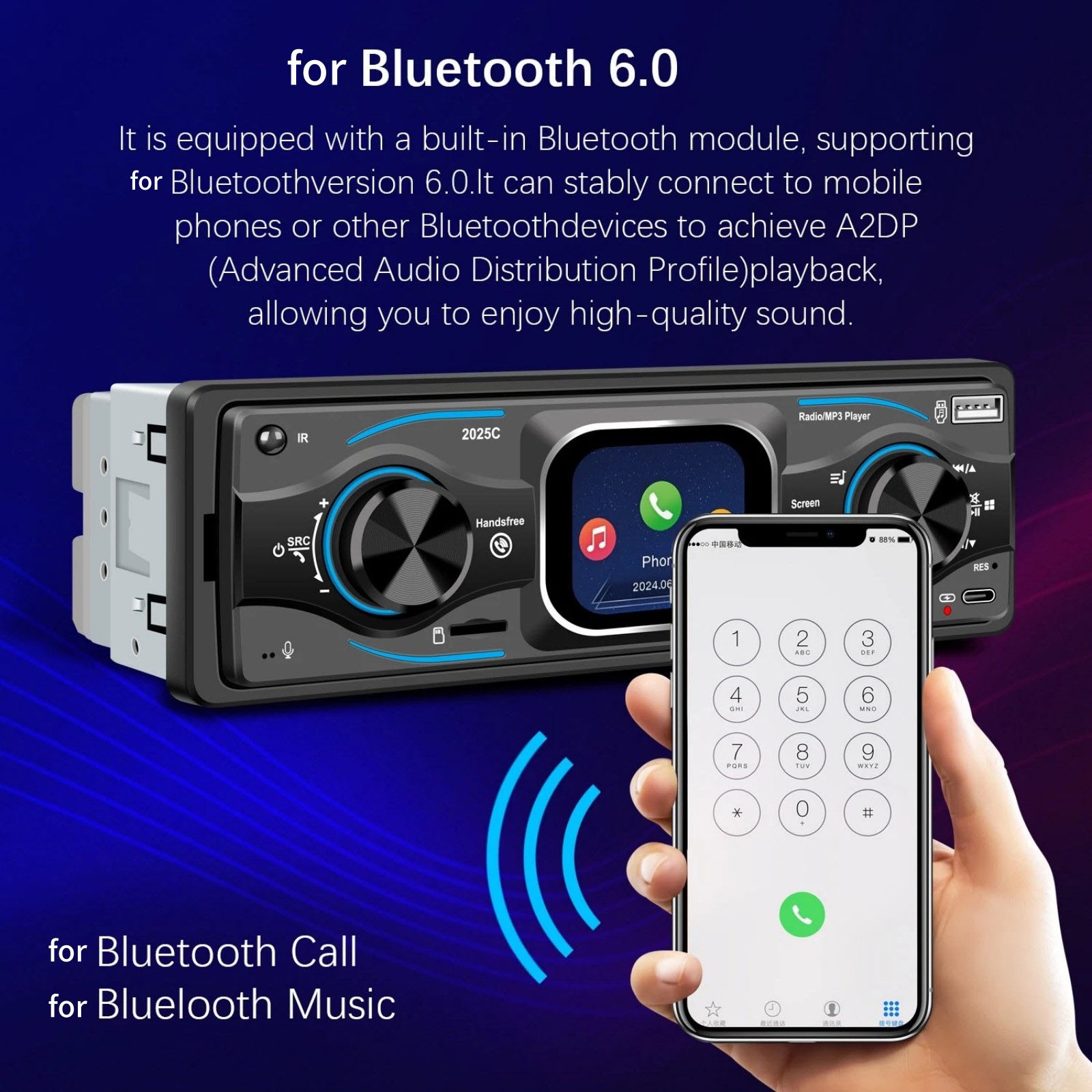 1DIN Car Radio with LED Segment Display, 7 Colors Blue Red Yellow Purple Green