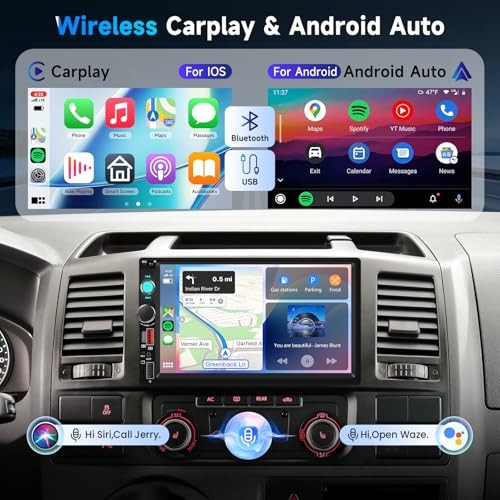 Upgraded Double Din Car Stereo with Wireless Carplay Android Auto, 7 Inch IPS