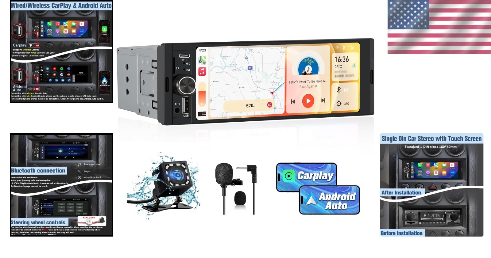 Bluetooth Car Stereo with Android Auto & Wireless CarPlay—6.36″ High-Res Display