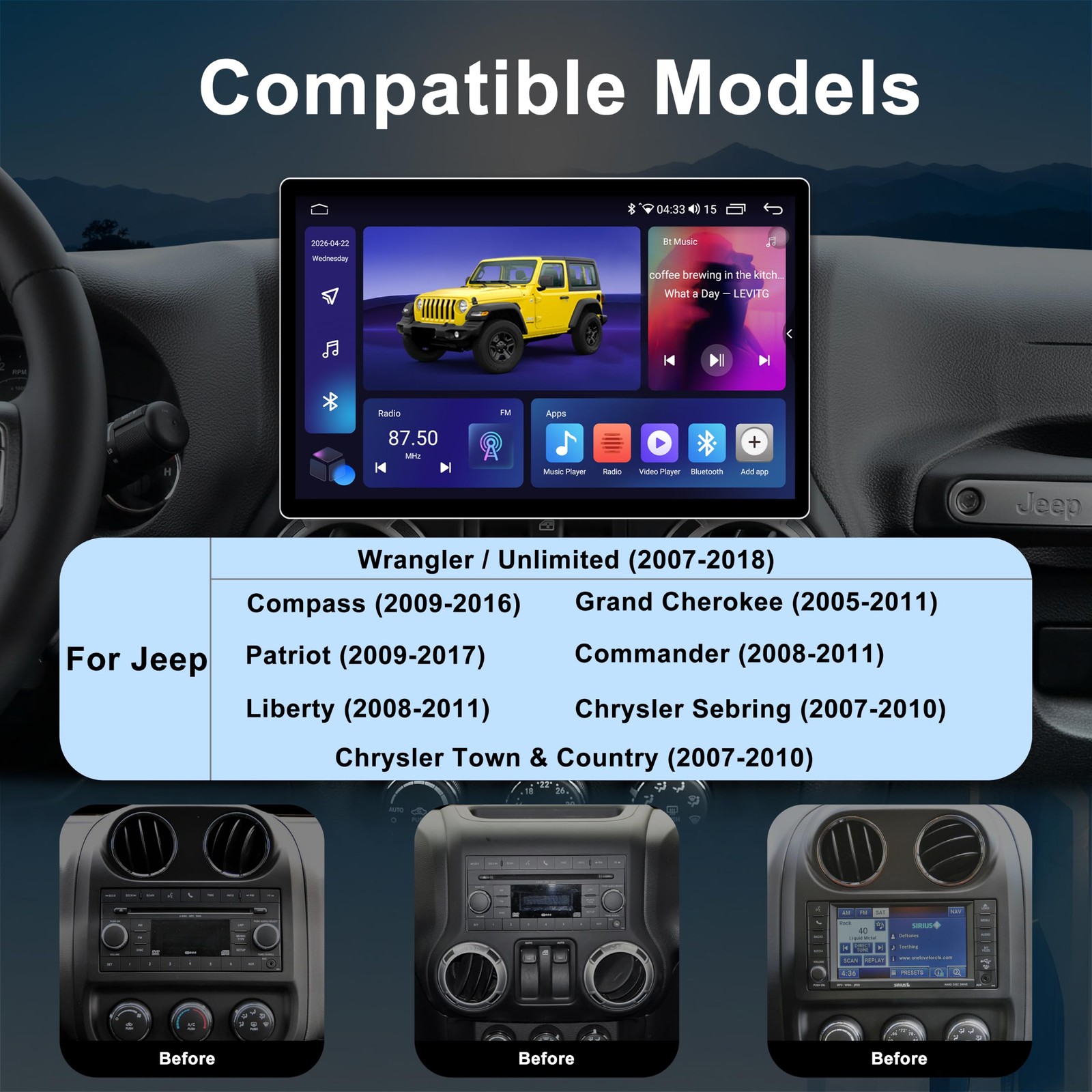 11.5″ 8 Core 2K Touchscreen Wireless Carplay Stereo for 2007-2018 Jeep Wrangler