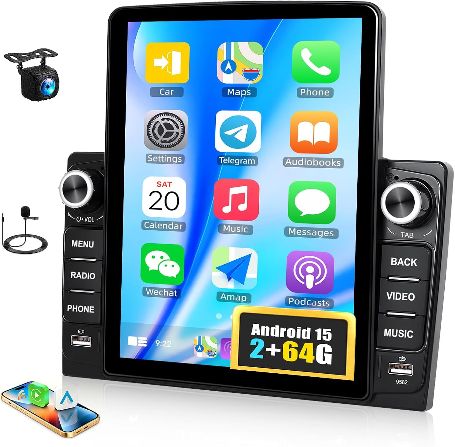 [2+64G] Android 15 Double Din Car Stereo with Wireless Carplay&Android Auto, 9.5