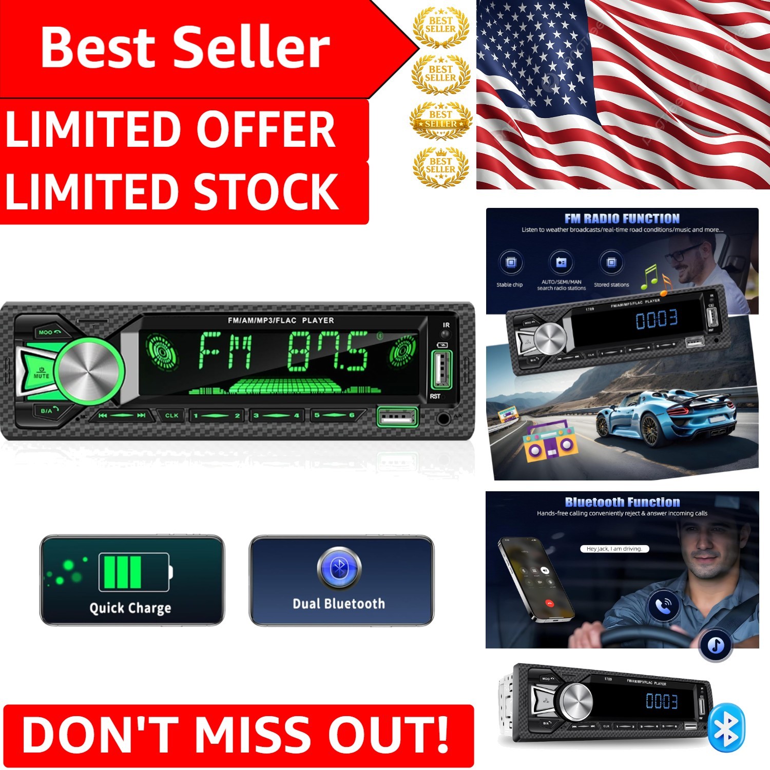 Modern Digital LCD Single Din Car Stereo with Bluetooth & RGB Backlighting
