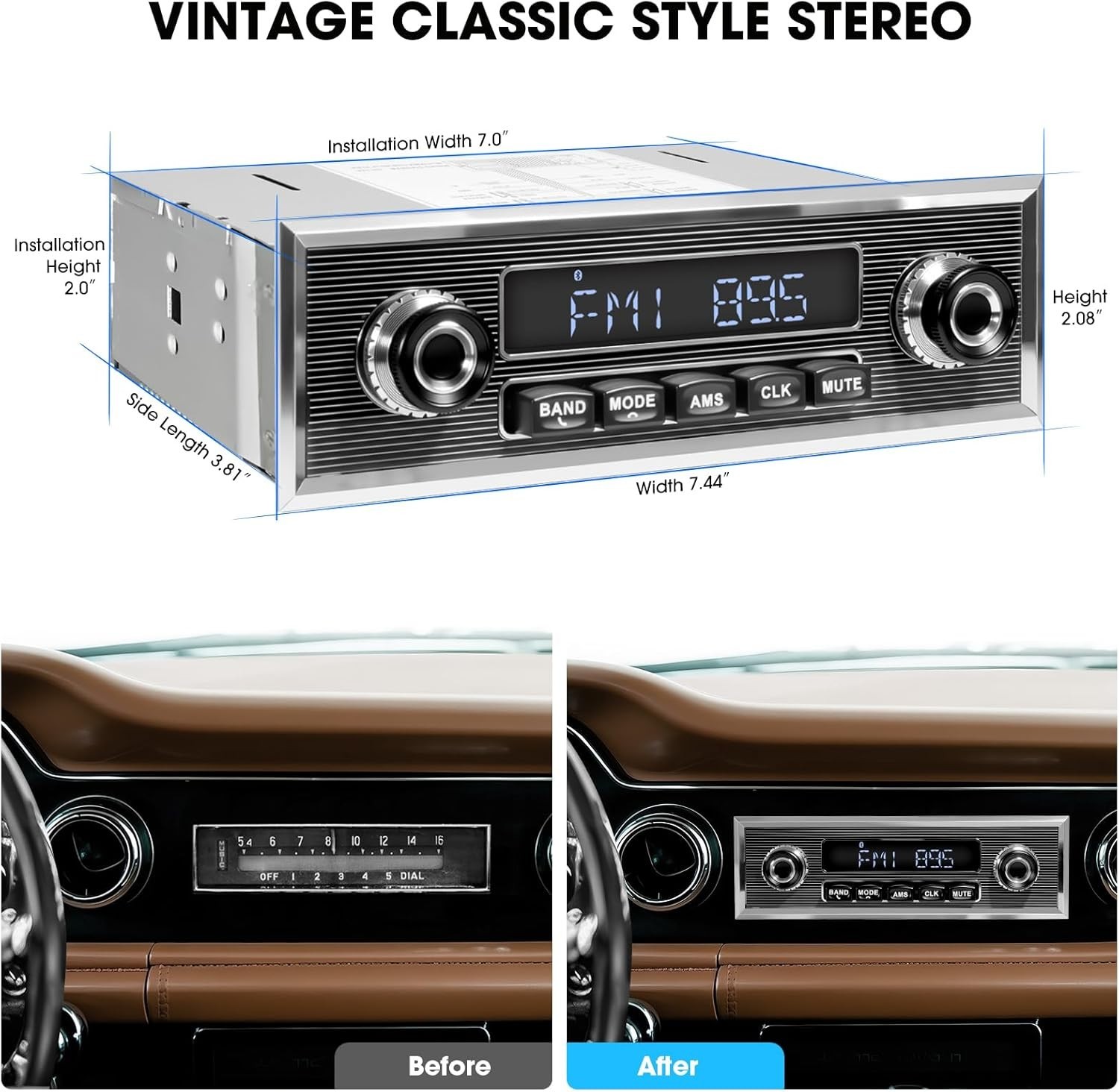 Car Radio Bluetooth 5.3 4 Channel 300W Power Vintage Single Din FM USB AUX