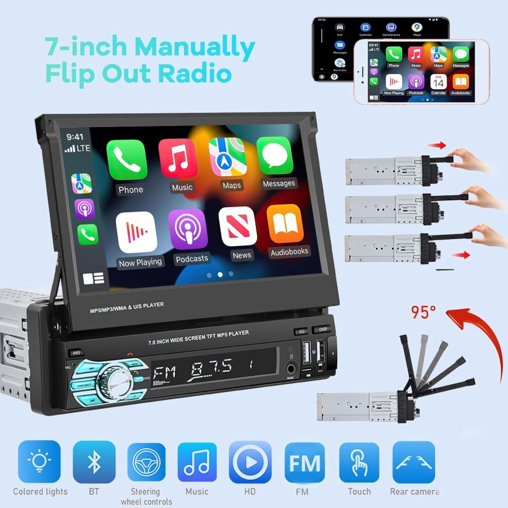 7″ Single 1 DIN Car Radio Stereo Apple Carplay Bluetooth Flip Out Screen USB AUX