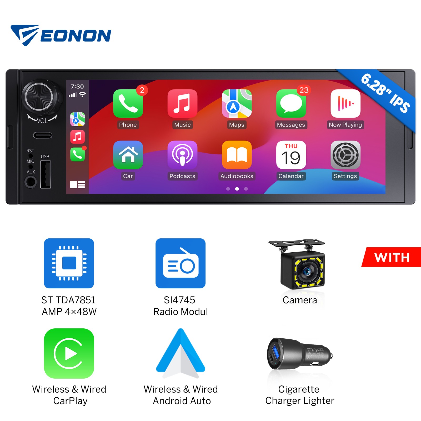 6.28″ IPS 1 DIN Android Auto Car Stereo Radio CarPlay Head Unit Bluetooth Audio
