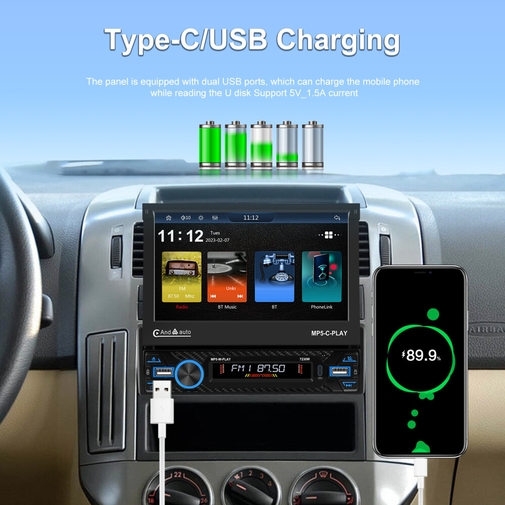 7″ Single 1DIN Car Stereo electric CarPlay Touch Screen USB MP5 Player Flip Out