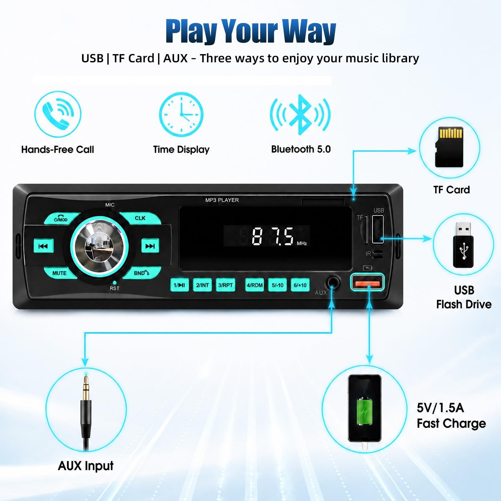 Bluetooth Car Stereo Single DIN – Dual Bluetooth, FM/MP3/SD/AUX, USB, EQ, Quick