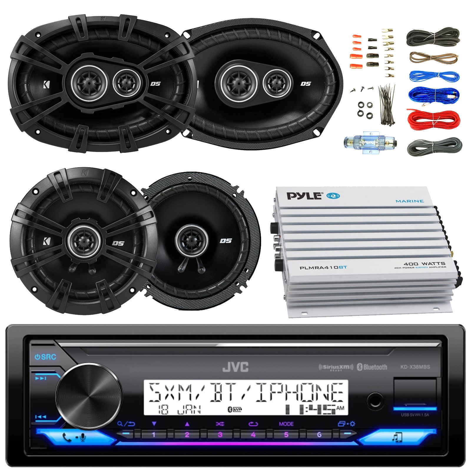 JVC KD-X38MBS Receiver, 2x 6×9″ 360W Speakers, 2x 6.5″ 240W Speakers, Amplifier