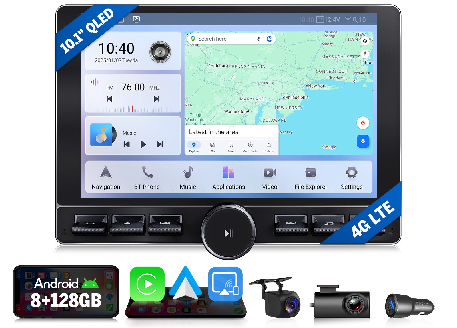 Android Car Stereo 10.1″ QLED 8+128 Double 2DIN CarPlay GPS Navigation Head Unit