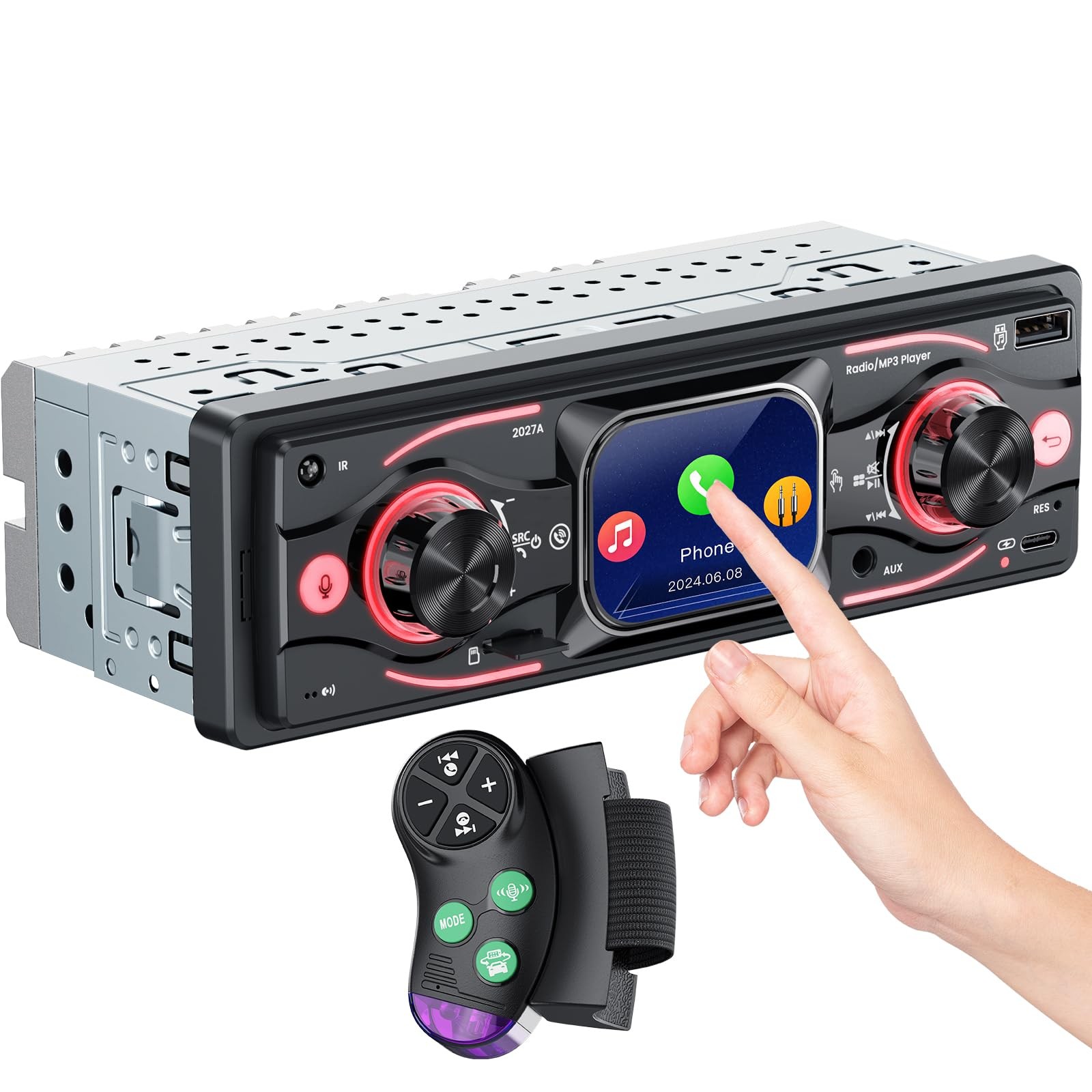 Single DIN Car Stereo with Touchscreen, Bluetooth Audio, Radio Black