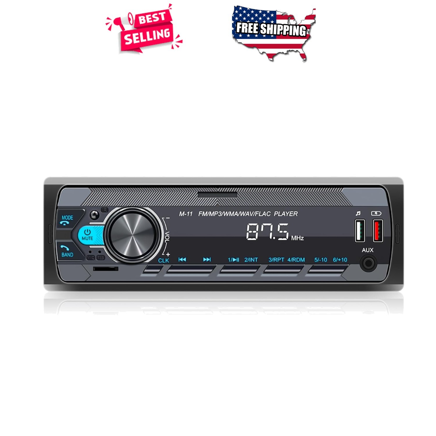 Single Din Car Stereo Bluetooth Hands Free Calling FM USB AUX 18 Preset Stations