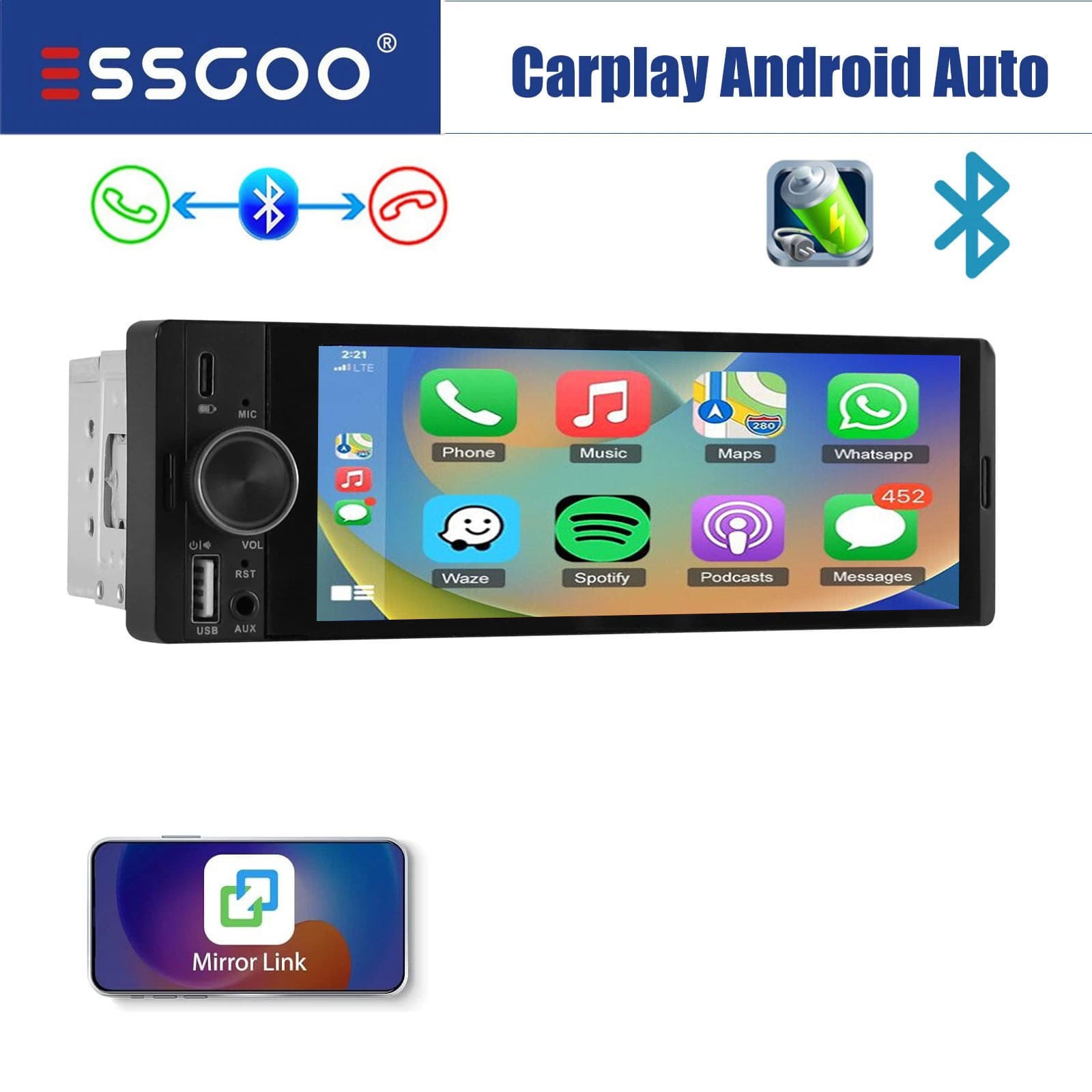 6.36″ Apple CarPlay Android Auto Single 1 DIN Car Radio Stereo Bluetooth USB RDS