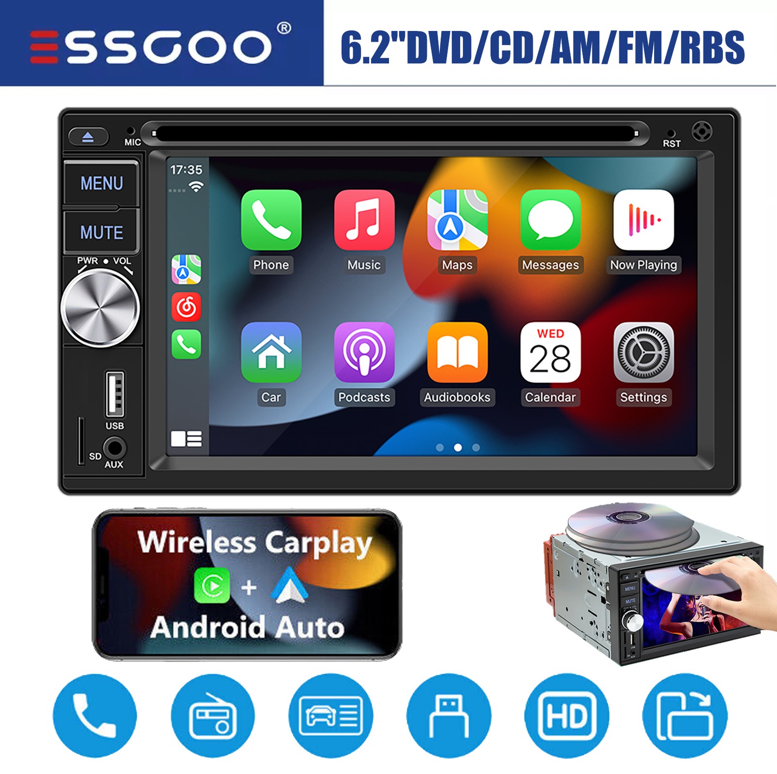 Double 2 Din 6.2″ Apple CarPlay Car Stereo Touch Bluetooth Radio CD DVD Player