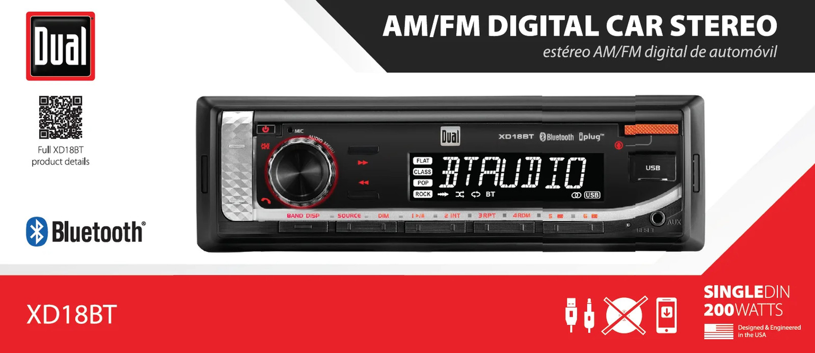 Electronics XD18BT Single DIN Car Stereo Head Unit with Bluetooth, USB, AM