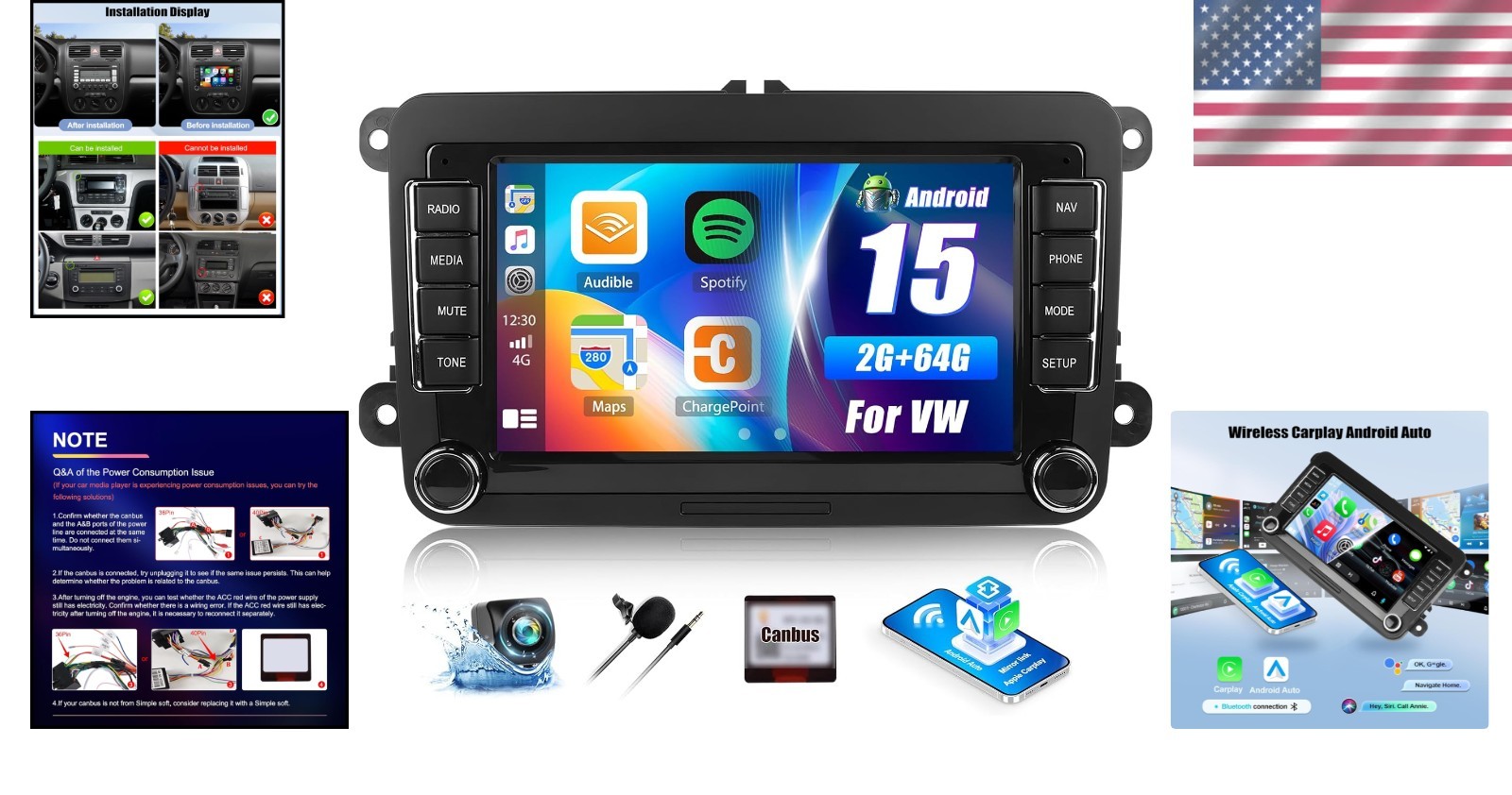 VW Passat Jetta Golf 7 Inch Car Stereo with GPS, Bluetooth & Hands-Free Calling