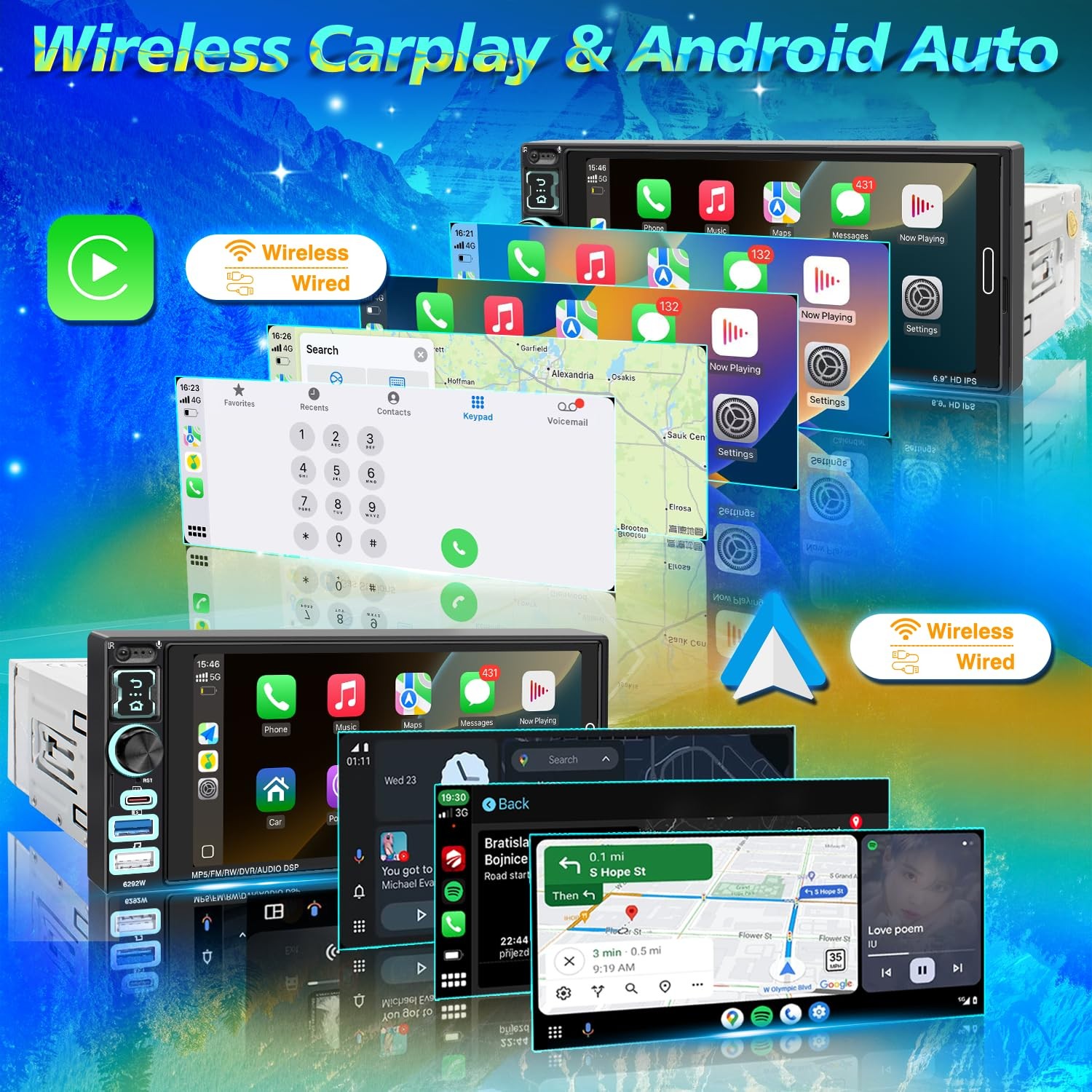 Single Din Car Stereo with Wireless Apple Carplay & Android Auto, 6.9″ IPS To…