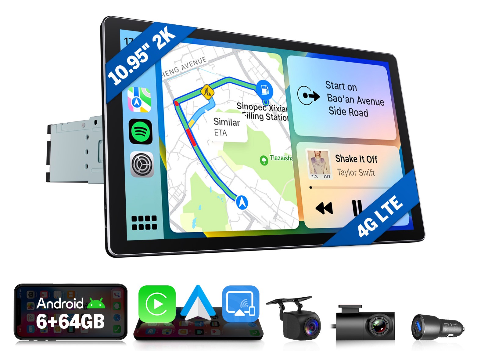 CAM+DVR+1DIN 10.95″ 2K Android Auto 13 8Core Car Stereo CarPlay Radio GPS 4G DSP