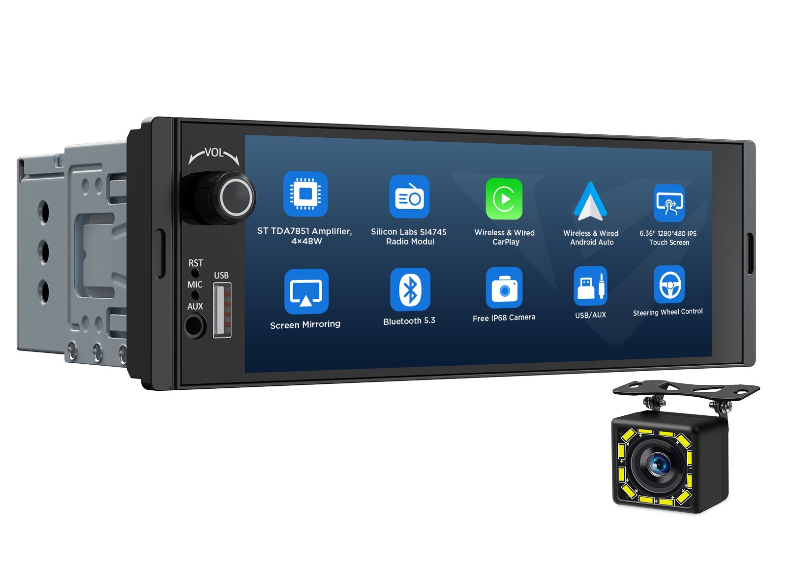 Single DIN 6.36″ Wireless Apple CarPlay Android Auto Car Radio Stereo Bluetooth