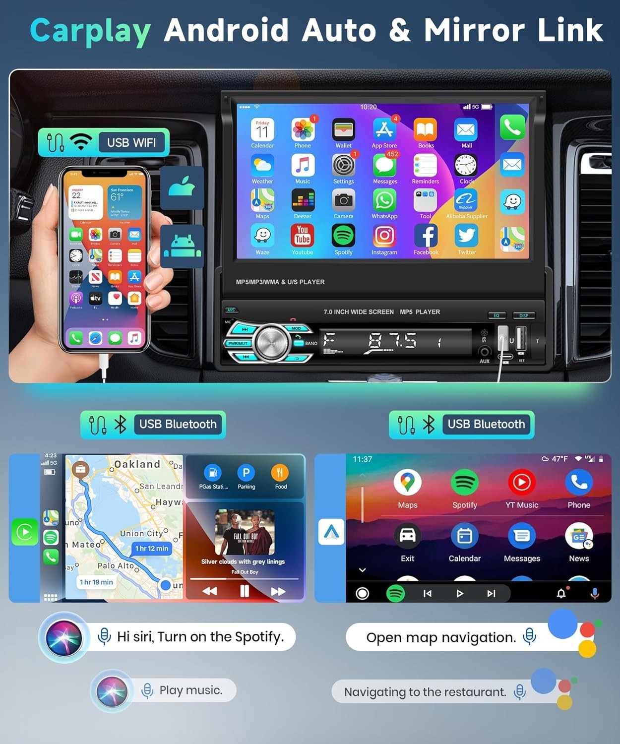 Wireless Carplay Single Din Car Stereo 7 Inch HD Flip Out Touchscreen Car Rad…